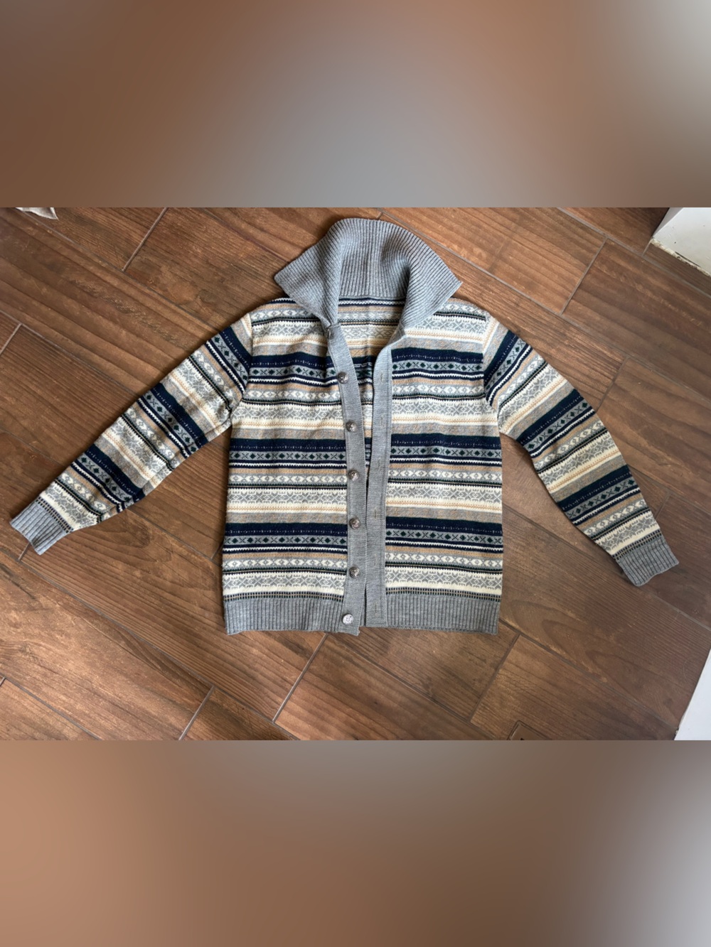 Vintage Fair Isle Shawl Collar Cardigan Sweater Gray Nordic Grandpa L/XL